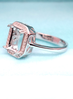 欧美长方形镶钻纯银空托韩版戒指