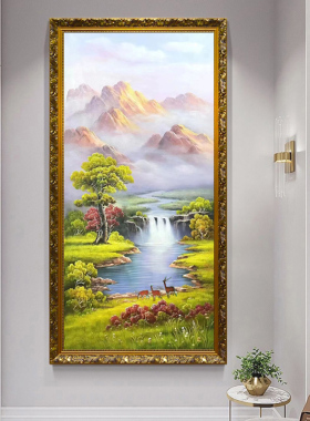 手绘金山新中式山水风景油画玄关过道饰画招财风水聚宝盆