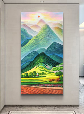 手绘欧式风景客厅玄关走廊过道有山无水巨人山旭日东升竖版油画