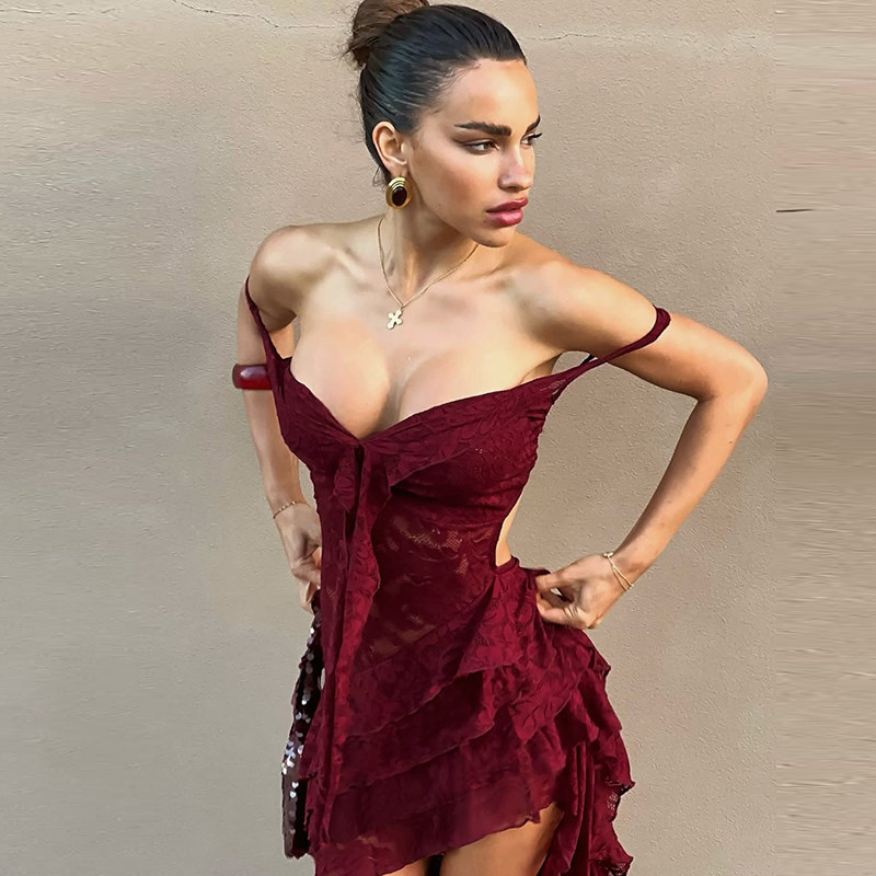 #Sisjuly#泰兰德冷感氛围街拍性感堆叠系带连衣裙女 透视修身短裙,淘宝优惠券,粉丝福利购,淘宝优惠卷