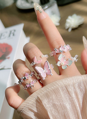 2026年新款甜美粉色开口花朵戒指彩色花朵戒指设计小众轻奢高级感