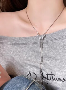 银色蝴蝶长款流苏项链女2026新款可抽拉调节锁骨链小众高级感配饰