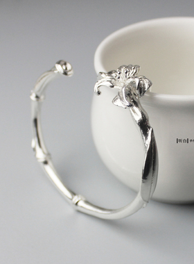 听白百合花手工纯银足银手镯送礼