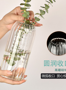 透明玻璃花瓶制品水培植物插花器轻奢家居客厅摆件条纹玻璃瓶