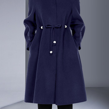ເສື້ອຂົນແກະຍາວກາງແບບ Hepburn ສໍາລັບແມ່ຍິງ 2023 ດູໃບໄມ້ລົ່ນແລະລະດູຫນາວແອວ - cinching navy blue fashion zero cashmere woolen coat