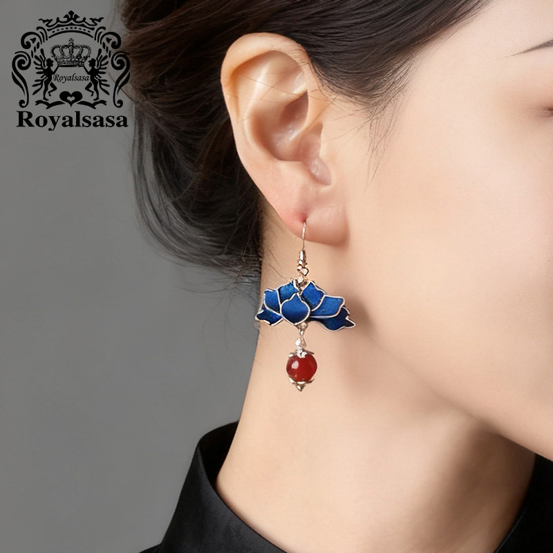 皇家莎莎手工掐丝绒花叶片耳饰红蓝莲花复古中式古典耳坠旗袍国风,淘宝优惠券,粉丝福利购,淘宝优惠卷