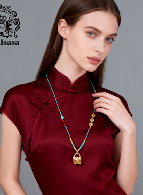 皇家莎莎中式编织绳财篮子项链创意花篮吊坠金色长款毛衣链挂坠女