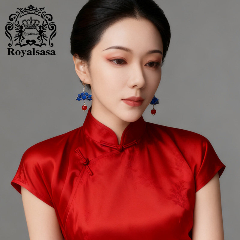 皇家莎莎手工掐丝绒花叶片耳饰红蓝莲花复古中式古典耳坠旗袍国风,淘宝优惠券,粉丝福利购,淘宝优惠卷