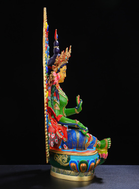 鎏金摆件绿度母佛像彩绘背光黄铜