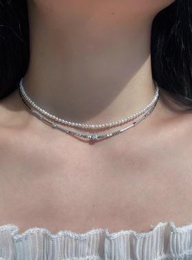 纯银珍珠叠戴锁骨链高级感项链女