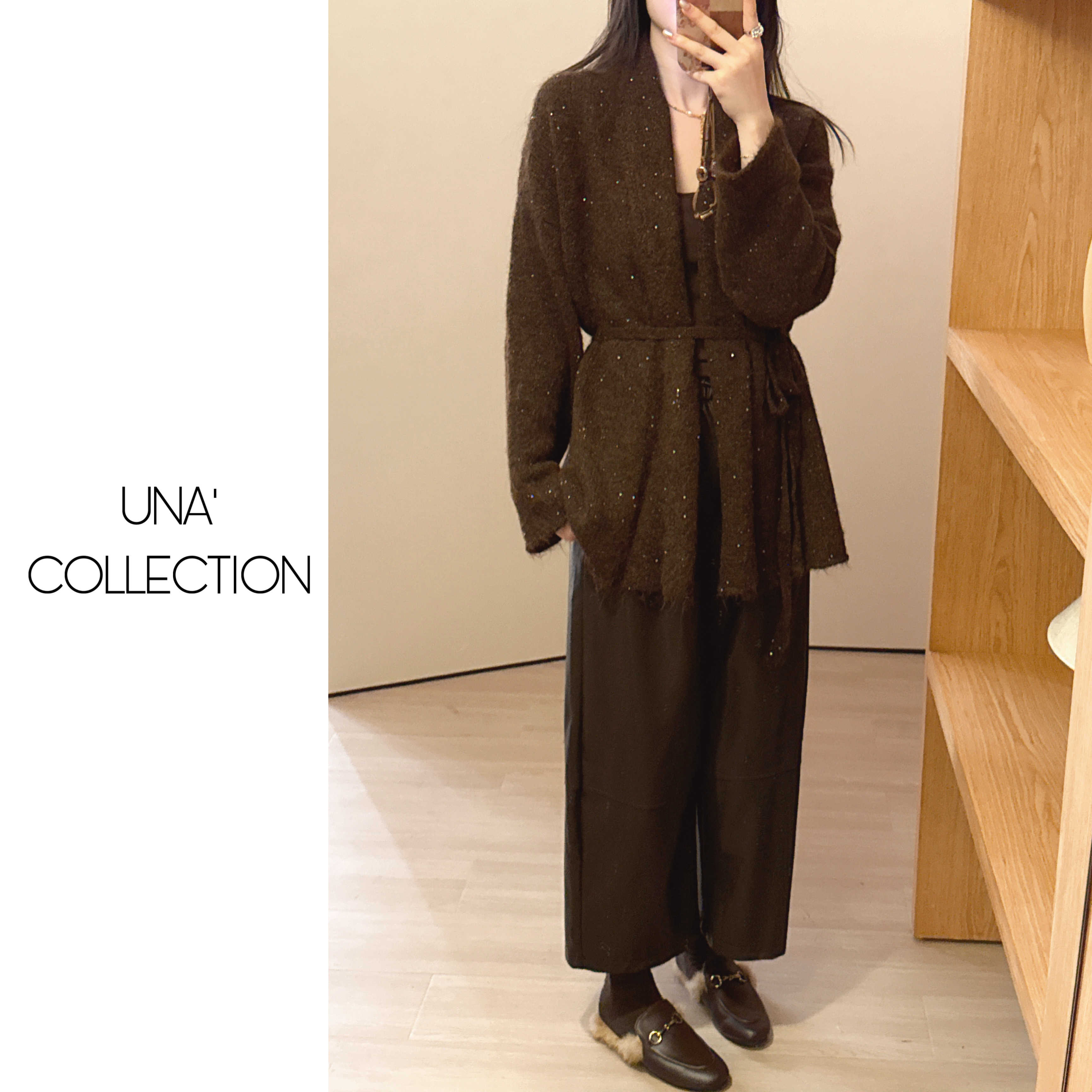 【吉满】暖秋步调/欧版翻领宽松系带中长款针织毛衣外套JM2892 - 图0