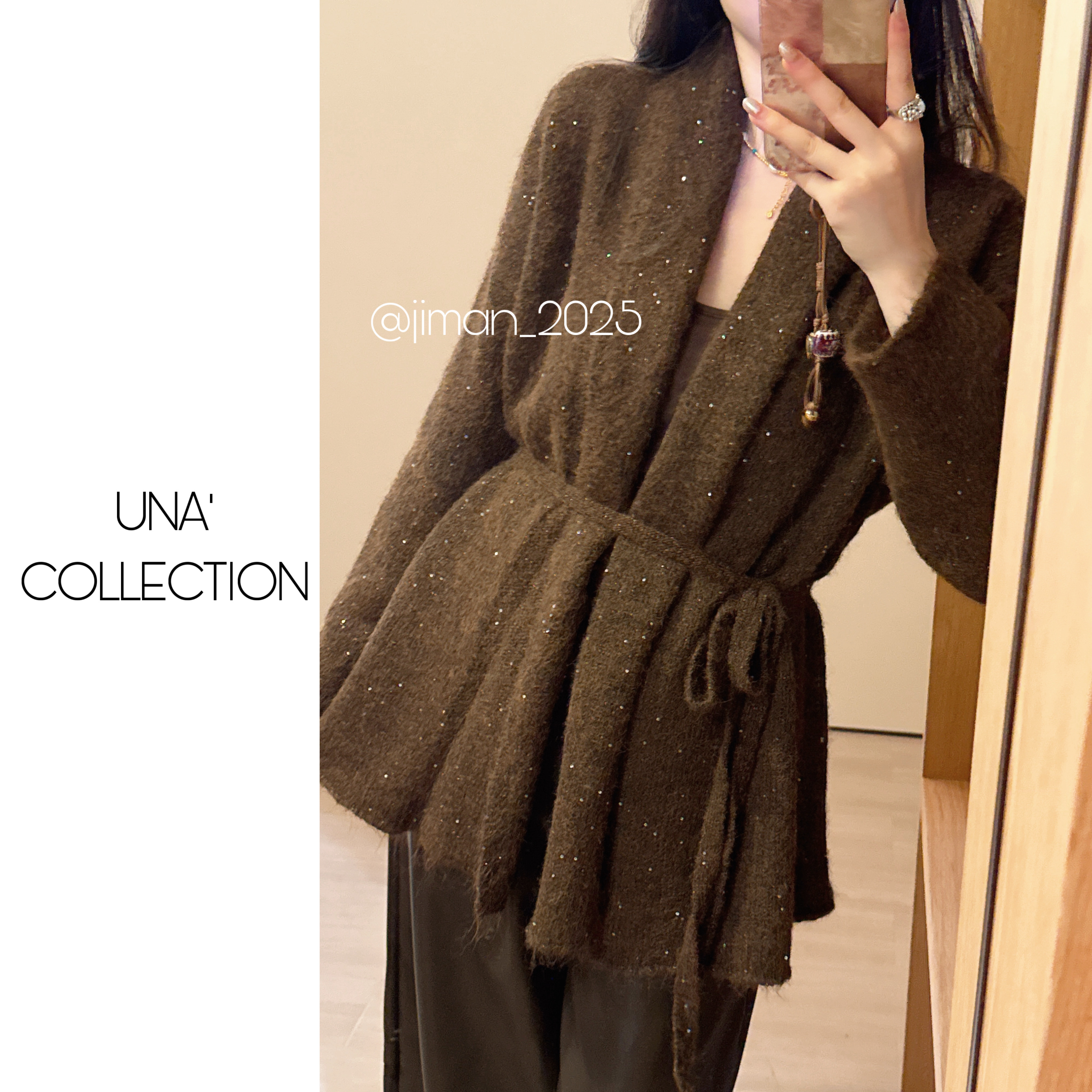 【吉满】暖秋步调/欧版翻领宽松系带中长款针织毛衣外套JM2892 - 图1