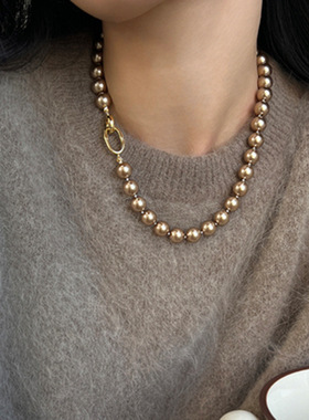 美拉德系香槟色珍珠项链女轻奢复古优雅感气质百搭颈链毛衣链