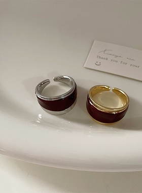 法式复古巧克力双层珐琅滴油开口戒指女小众轻奢优雅个性指环戒子