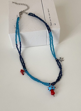 撞色水晶蘑菇星星吊坠双层项链女小众个性独特时尚百搭颈链锁骨链