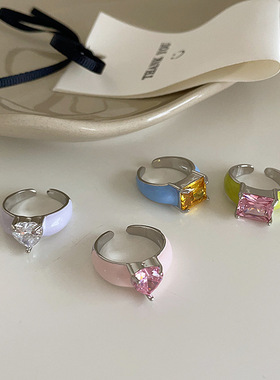 彩色锆石滴油爱心开口戒指女韩国小众复古个性简约百搭气质指环