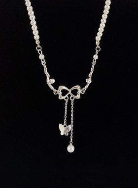 不规则金属蝴蝶结珍珠项链女设计感小众个性简约百搭颈链锁骨链