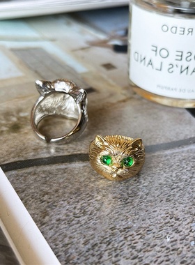 复古设计感立体雕刻金属猫开口戒指女个性气质时尚指环戒子