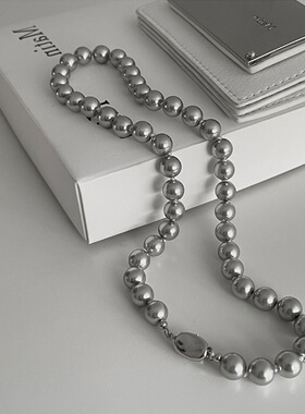 感灰色珍珠元宝扣项链女韩国小众复古个性简约时尚颈链锁骨链