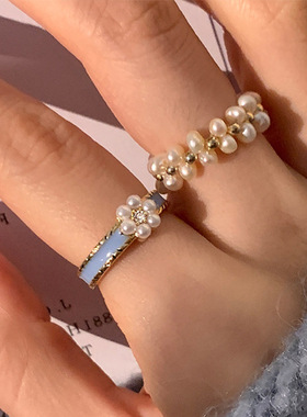 蓝色滴油珍珠花朵戒指套装女韩国复古个性简约百搭气质指环戒子