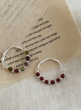 天然石串珠金属戒指女小众设计感个性时尚独特气质百搭指环戒子