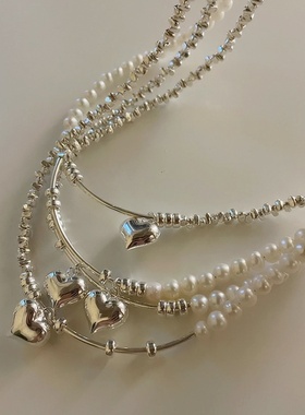 碎银子珍珠拼接爱心项链女小众设计感个性简约百搭气质颈链锁骨链