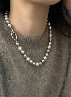 混彩渐变糖果彩色珍珠项链女优雅复古气质百搭时尚颈链毛衣链
