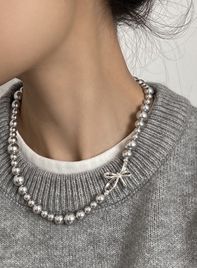 法式复古蝴蝶结渐变大小珍珠项链女小众设计感个性百搭颈链锁骨链