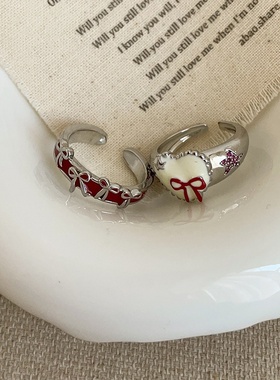 温柔甜美滴油爱心蝴蝶结开口戒指女小众气质优雅通勤百搭指环戒子