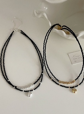 黑色水晶金属爱心项链女小众设计复古个性简约百搭气质颈链锁骨链