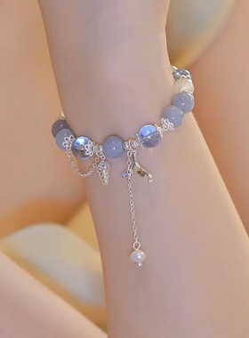 海蓝宝天然石串珠海螺鱼尾流苏弹力绳手链女时尚气质百搭手环手饰