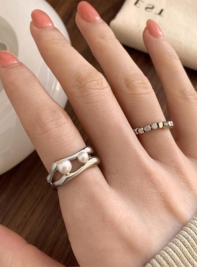 小众设计不规则金属珍珠开口戒指套装女复古个性简约百搭气质指环