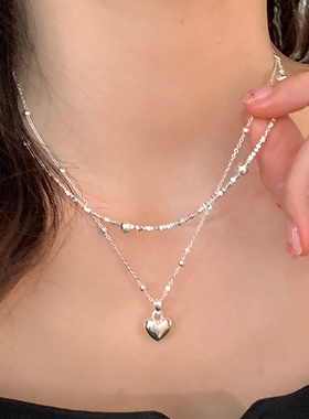 双层碎银子爱心金属项链女韩国小众复古个性简约百搭颈链锁骨链