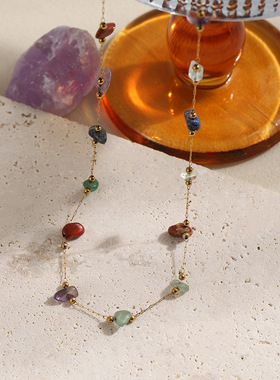 夏季极细多巴胺感气质百搭锁骨链饰品小众设计彩色天然石项链