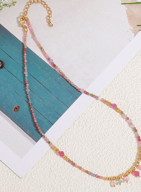 新款混色天然红纹石手工串珠项链小众设计感波西米亚度假风锁骨链