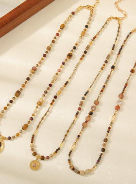 太阳花虎眼石项链中式复古串珠项链女秋冬小众叠戴颈链设计感配饰