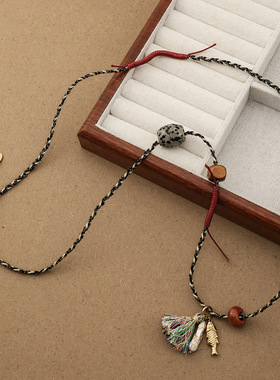 新中式手工编织绳斑点石长款毛衣链复古藏式流苏穗子钛钢小鱼