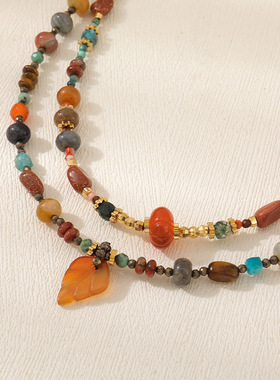 法式复古红玛瑙小象吊坠金沙石项链女气质天然湖北松民族风毛衣链