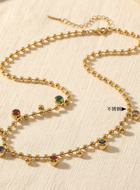 LISHANVintage 复古彩宝小金珠项链法式多色圆锆圆珠锁骨链轻奢钛