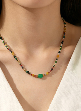 GARY工作室晶砾石序 小众天然石多宝项链绿玛瑙点缀民族风复古波