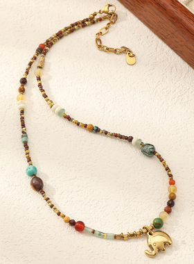新中式彩色天然石钛钢小象手工串珠项链复古民族风小众设计锁骨