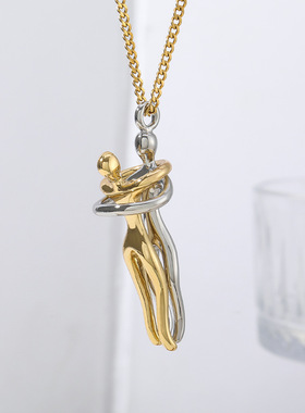 跨境热销情侣拥抱项链时尚百搭饰品可拆卸恋人双色吊坠个性锁骨链