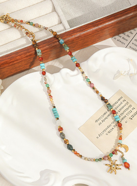 复古民族风虎石蓝松彩色串珠项链波西米亚异域风情红玛瑙锁骨链