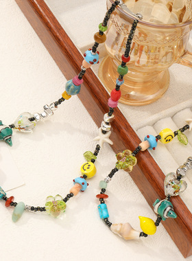 元气鬼马童趣新款海洋元素彩色串珠项链琉璃多巴胺小众设计锁骨