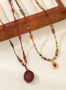 新款高颜值红石项链手工编织吊坠气质轻奢项饰百搭长款感配饰