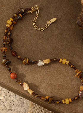 推荐百搭虎眼石串珠玻璃珠美拉德项链锁骨链创意感拼接秋冬毛衣链