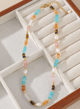 新款民族风多宝手工串珠天然石项链小众设计不褪色复古叠戴锁骨