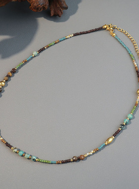 法式复古小众设计彩色天然石米珠串珠项链波西米亚风时尚锁骨链