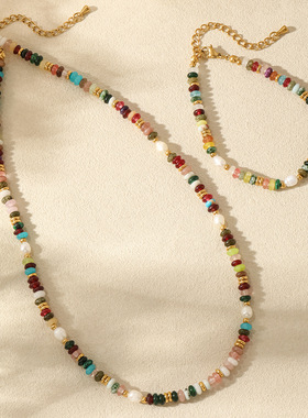 春季新款混色不规则波西米亚项链小众设计彩色手链钛钢饰品套装女