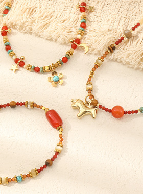 2026红色新年系列马上有财锁骨链天然石串珠项链小众设计感毛衣链